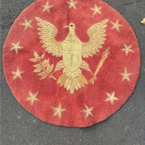 Antique Round Red Rug with Eagle and Stars Design